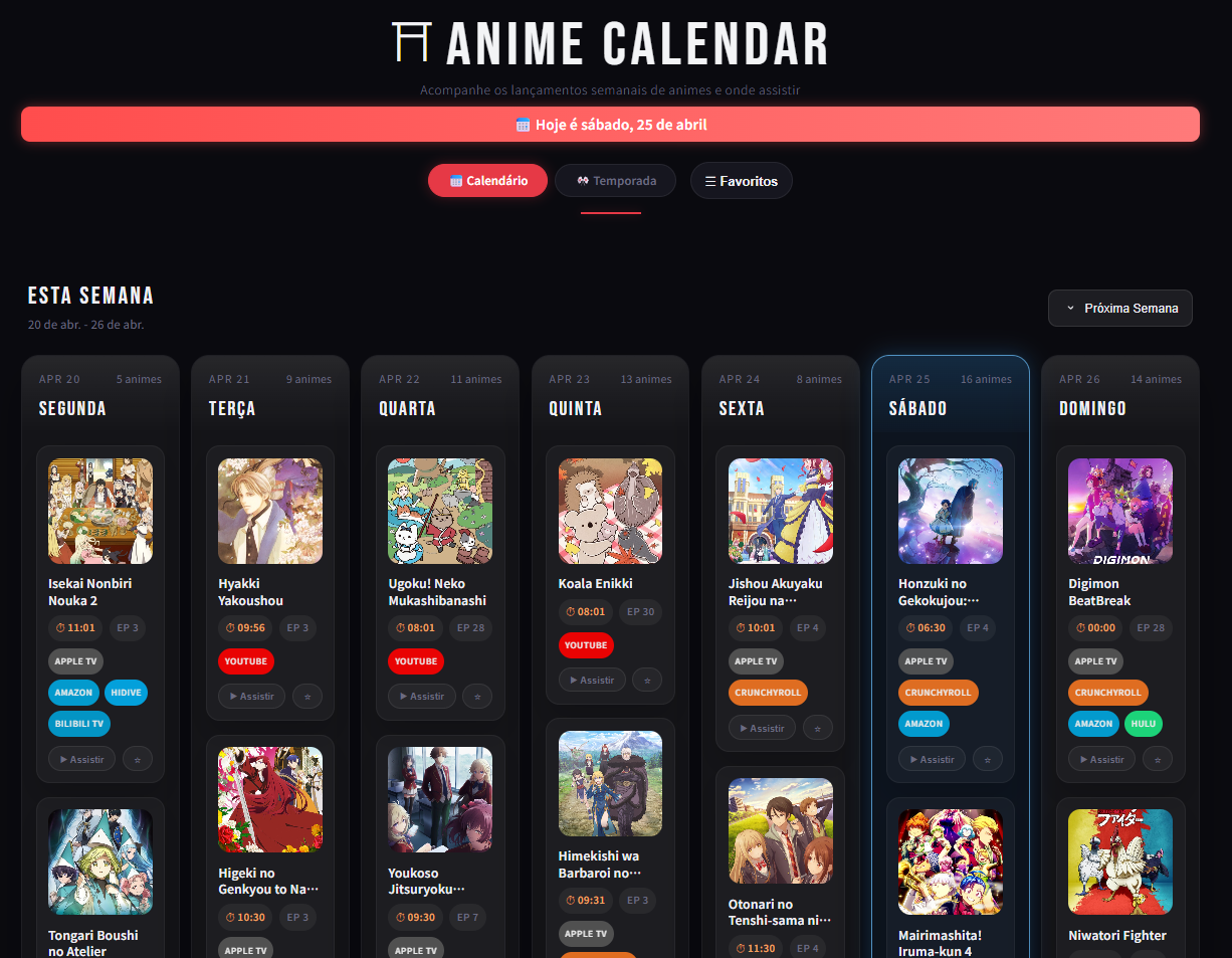 Captura de tela do Calendário de Anime — aplicação React com Axios para acompanhar lançamentos